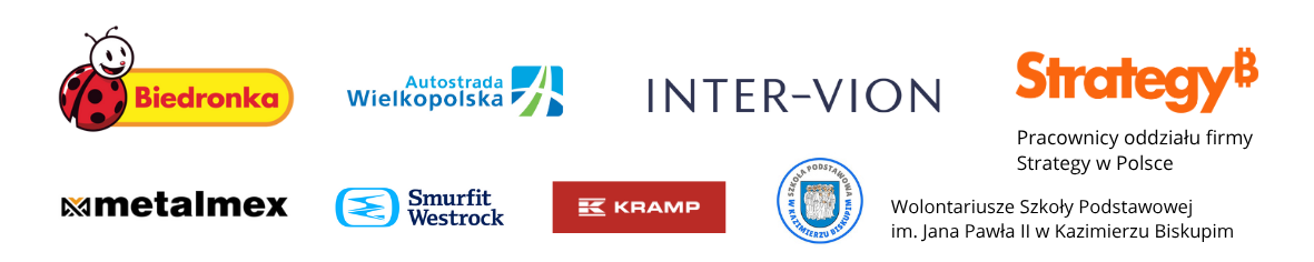Logotypy: Biedronka, Autostrada Wielkopolska, Inter Vion, Strategy, Metalmex, KRAMP, Smurfit Westrock, Szk. Podstawowa w Kazimierzu Biskupim.