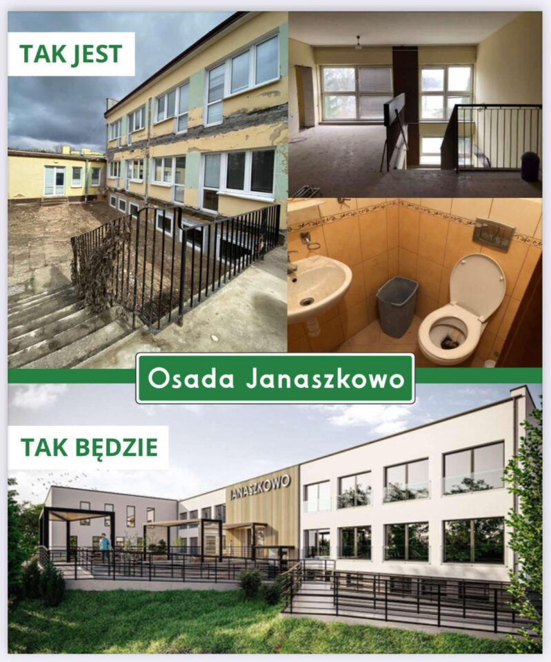 Na górze trzy zdjęcia obok siebie prezentujące 2-kondygnacyjny budynek wymagający remontu. Pośrodku na zielonym pasku napis: Osada Janaszkowo. Poniżej wizualizacje pięknego nowego budynku. Na górze napis "tak jest", na dole "tak będzie".