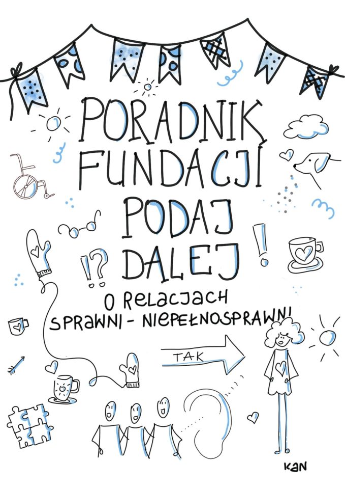 Na białym tle kilkanaście małych rozrzuconych grafik, m.in. słońce, chmura, wózek inwalidzki, okulary, rękawica, filiżanka, puzzle, wykrzyknik, ucho, serce, pies, strzałka z napisem TAK. Pośrodku drukowanym literami tytuł: PORADNIK FUNDACJI PODAJ DALEJ O RELACJACH SPRAWNI _ NIEPEŁNOSPRAWNI.